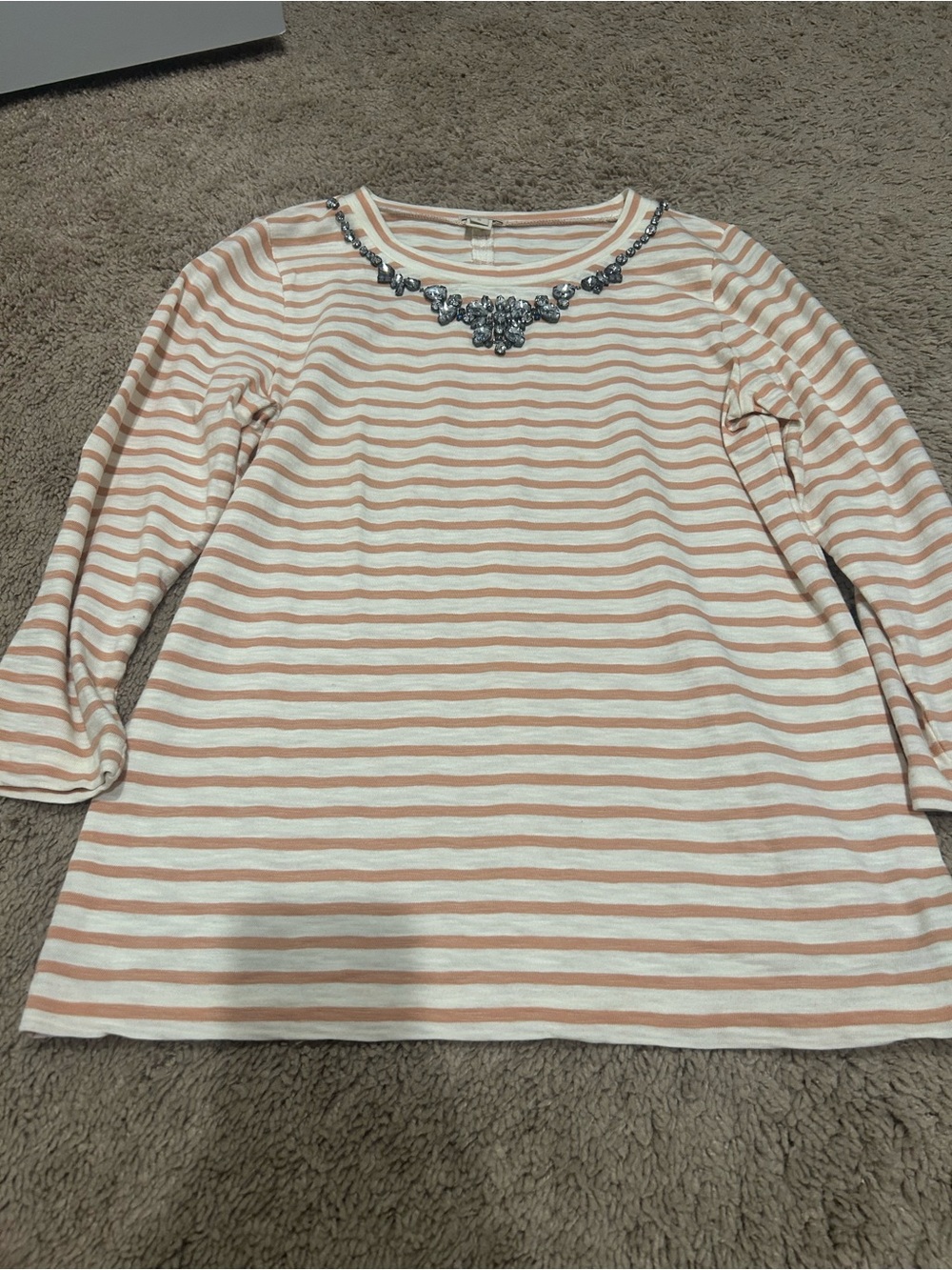 J. Crew Striped 3/4 length-Sleeve Top with Jeweled Neckline - Cream/blush/tan